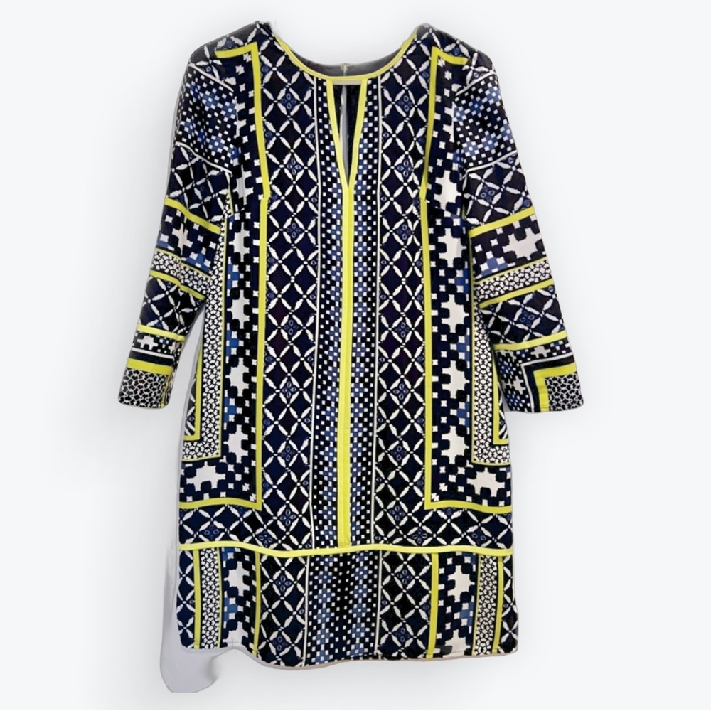 Vince Camuta Blue and Green Geometric Pattern Dress. Size 4